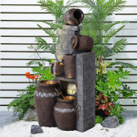 Millwood Pines 39.3" Outdoor Resin Weather Resistant Floor Fountain with LED Lights and Pump(Grey)