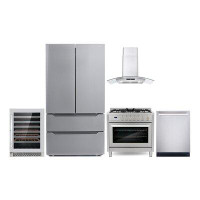 Cosmo Cosmo 5 Piece Kitchen Package With 36" Freestanding Gas Range 36" Wall Mount Range Hood 24" Built-in Fully Integra