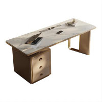 Recon Furniture 70.87" Beige Rectangular Sintered Stone Metal Manufactured Wood Desk,3-Solid Wood Drawer