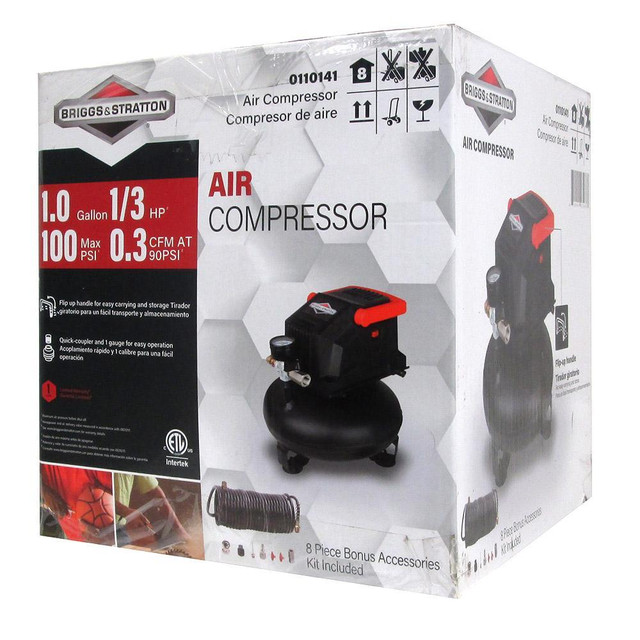 New - BRIGGS AND STRATTON 1 GALLON PANCAKE AIR COMPRESSOR -- BS0110141  -- Complete with accessory kit in Other - Image 4