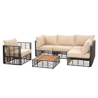 Latitude Run® 6-Piece Outdoor Wicker Sectional Sofa Conversation Set with Beige Cushion
