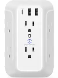 6-Outlet Wall Tap Surge Protector with 3 Fast Charger Ports (2USB-A + 1USB-C) - ETL Listed - White