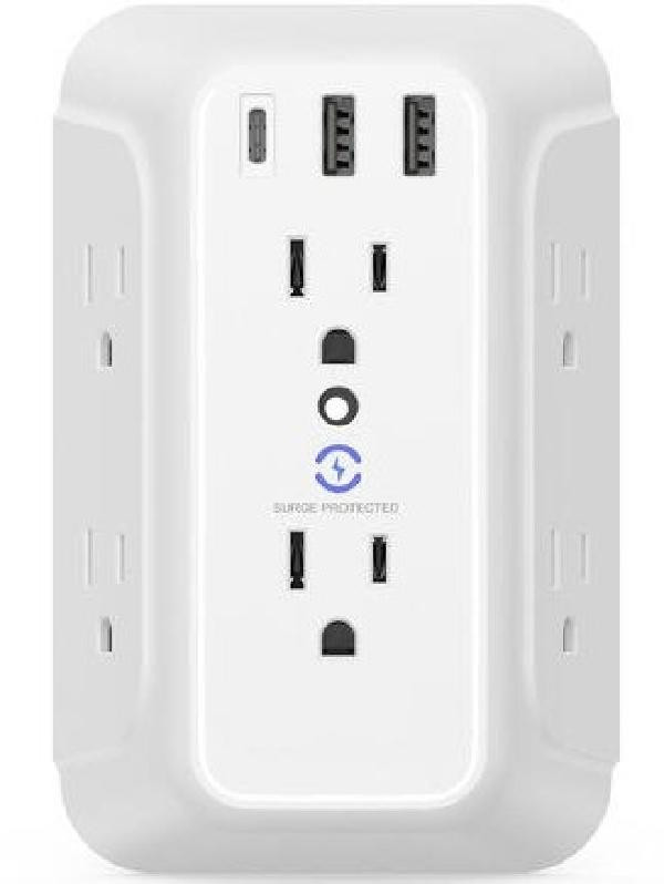 6-Outlet Wall Tap Surge Protector with 3 Fast Charger Ports (2USB-A + 1USB-C) - ETL Listed - White in General Electronics
