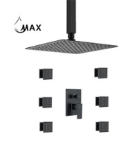 Ceiling Shower System Set Two Functions With 6 Body Jets Matte Black Finish