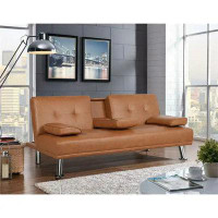 Latitude Run® Modern Faux Leather Futon With Cupholders And Pillows Sofa Living Room Sofas Black Furniture Home Sofas