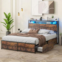 17 Stories King Size Bed Frame With 4 Drawers Metal Platform Bed Frame With Charging Station Led Lights Brown