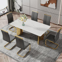 Mercer41 Contemporary White Marble Glass Dining Table With Golden Metal Legs - Perfect For Restaurants And Living Rooms