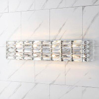 Everly Quinn Cobberas Crystal Rectangle 31.75" 4-Light Iron/Crystal Glam Modern LED Vanity Light, Chrome