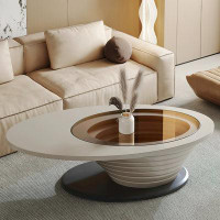 Orren Ellis Light Luxury Modern Minimalist Oval Tea Brown Glass Tea Table Gray Base