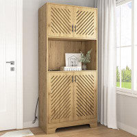 Latitude Run® 71" Wood Tall Farmhouse Pantry Storage Cabinet With 4 Doors,Open Shelf And Built-In Socket