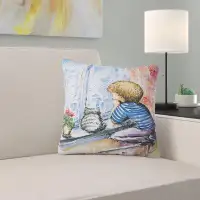 East Urban Home Portrait Little Boy and Cat Watching City Pillow