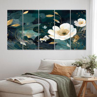 Design Art White Teal Plants In Chaos I - Floral Canvas Art Print - 5 Equal Panels