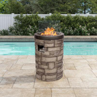Loon Peak Indee 33" H x 19" W Concrete Propane Outdoor Fire Pit Column with Glass Guard, Lava Rocks, & Cover