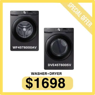 Complete Your Laundry Room with Samsung WF45T6000AV Washer and DVE45T6005V Dryer Set! Discover conve...