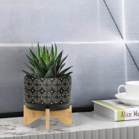 Dakota Fields 7 Inch Swirl Pattern Ceramic Plant Pots With Wood Stand, Black
