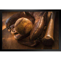 Latitude Run® Antique Baseball Glove And Bat Photo Art Print Black Wood Framed Poster 20X14