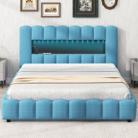 Mercer41 Queen Size Upholstered Platform Bed With LED Headboard And USB, Blue