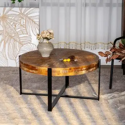 Millwood Pines Round Coffee Table,Fir Wood Table Top with  Cross Legs