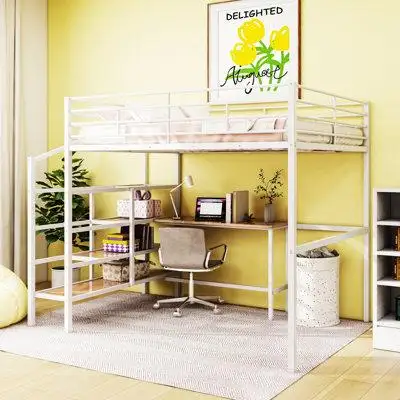 Mason & Marbles Full Size Metal Loft Bed With Desk And Lateral Storage Ladder