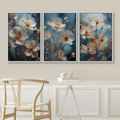 wall26 " Blue Background Flowers Floral Botanical Plants Watercolor Modern Art Southwest Pastel " 3 - Pieces on