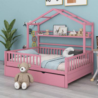 Harper Orchard Full Size Wooden House Bed With Twin Size Trundle,Kids Bed With Shelf