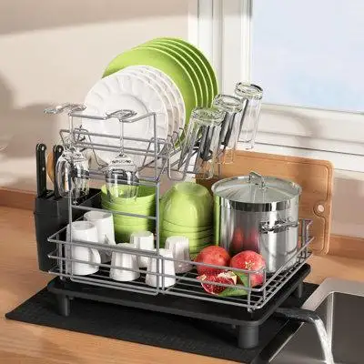 Enhance your kitchen's efficiency with our multi-functional two-tier dish draining rack. Designed fo...