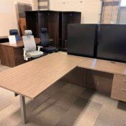 Global Newland L-Shape Desk with Metal Leg and Box/File Pedestal – 72 x 78 – Absolute Acajou in Desks in Belleville Area - Image 2