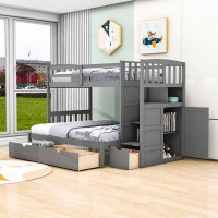 Harriet Bee Eadon Kids Twin Over Twin/Full 3 Drawers Bunk Bed with Storage Shelves, Convertible Bottom Bed