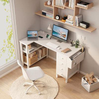 LUFEIYA Lufeiya White L Shaped Computer Desk With Drawers & Storage Shelves, 47 Inch Corner Desk With Power Outlet For H