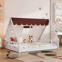 Harper Orchard Wooden Full Size Tent Bed With Fabric For Kids,Platform Bed With Fence And Roof, White+Pink