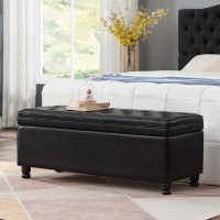 Latitude Run® Upholstered Tufted Button Storage Bench ,Faux Leather Entry Bench With Spindle Wooden Legs