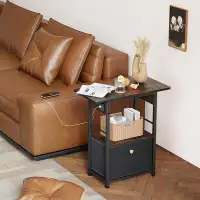 17 Stories 3 Tier End Table With Charging Station, Living Room Couch Small Side Table With Privacy Drawer, Narrow Bedsid