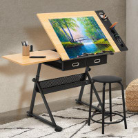 The Twillery Co. Elizabeth Draft Desk Drawing Table with Stool Set, Height Adjustable Desk Tiltable & Slide-Out Tabletop