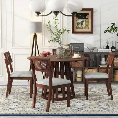 Vintage Style: The retro dining set comprises one round dining table and four matching upholstered c...