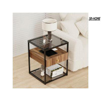 SR-HOME Square End Table Nightstand: Modern Side Desk With 2 Tier Tempered Glass Storage Shelf And Drawer