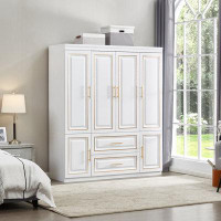 Ebern Designs Bienes Solid Wood Armoire with Shelves, 2 Hanging Rods and 2 Drawers, 74" H x 63" W x 20" D