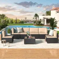 Hokku Designs Hokku Designs 7-Piece Outdoor Furniture Set, Black Rattan Wicker Sectional Sofa Couch Patio Conversation S