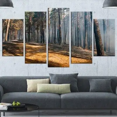 Design Art 'Fire in Forest with Flame and Smoke' 5 Piece Photographic Print on Wrapped Canvas Set
