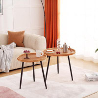 BATH Modern Rattan Round End Tables, Decorative Log Tray Tops, Multifunctional Usage