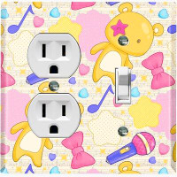 WorldAcc Metal Light Switch Plate Outlet Cover (Teddy Bears Music Karaoke Hearts Colourful - (L) Single Duplex / (R) Sin