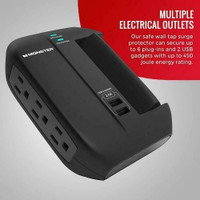 Monster Essentials Swivel Wall Tap Surge Protector - 6 AC - 2 USB-A - 1-Side Swivel Sockets - 1200 Joules -  Black