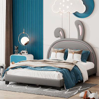 Zoomie Kids Upholstered Leather Platform Bed with Rabbit Ornament
