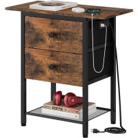 17 Stories End Table With Charging Station And 2 Drawers, Slim Side Table With USB Ports And Outlets, Rustic Brown Woode