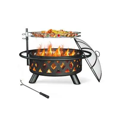 Arlmont & Co. Large Outdoor Wood-Burning Fire Pit, Patio Backyard Fire Pit With Steel Grill Cooking Grills, Campfires, C
