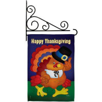 Breeze Decor Happy Thanksgiving Turkey - Impressions Decorative Metal Fansy Wall Bracket Garden Flag Set GS113037-BO-03