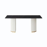 Orren Ellis Modern Black Panel Dining Table | Beige Pu Plywood Legs | Accommodates 6-8 People | 70.84"