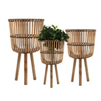 Bay Isle Home™ Set Of 3 Bamboo Planter Pots On Tripod Stands, Indoor And Outdoor, Brown- Comes In 3 Different Sizes