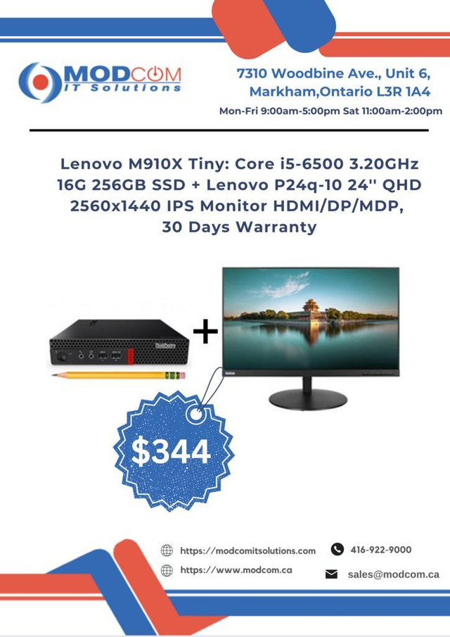 PC OFF LEASE Lenovo M910X Tiny: Core i5-6500 3.20GHz 16G 256GB SSD + Lenovo P24q-10 24 QHD IPS Monitor For Sale!! in Desktop Computers