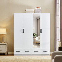 Latitude Run® Garian Mirrored Wood Wardrobe Armoire 4 Door & 4 Drawers, White