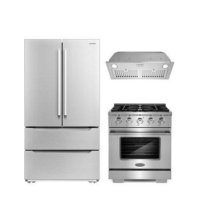 Cosmo 3 Piece Kitchen Package With 30" Freestanding Gas Range 30" Insert Range Hood & French Door Refrigerator in Refrigerators